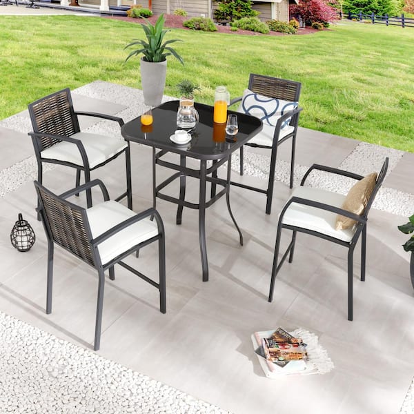 Patio Festival 5-Piece Wicker Bar Height Outdoor Dining Set with Beige Cushions