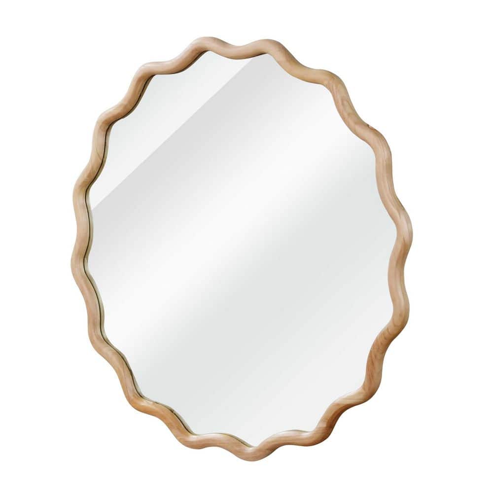 30 in. W x 30 in. H Natural Wood Wavy-Edged Round Mirror, Solid Wood Frame Wall-Mounted Decorative Mirror