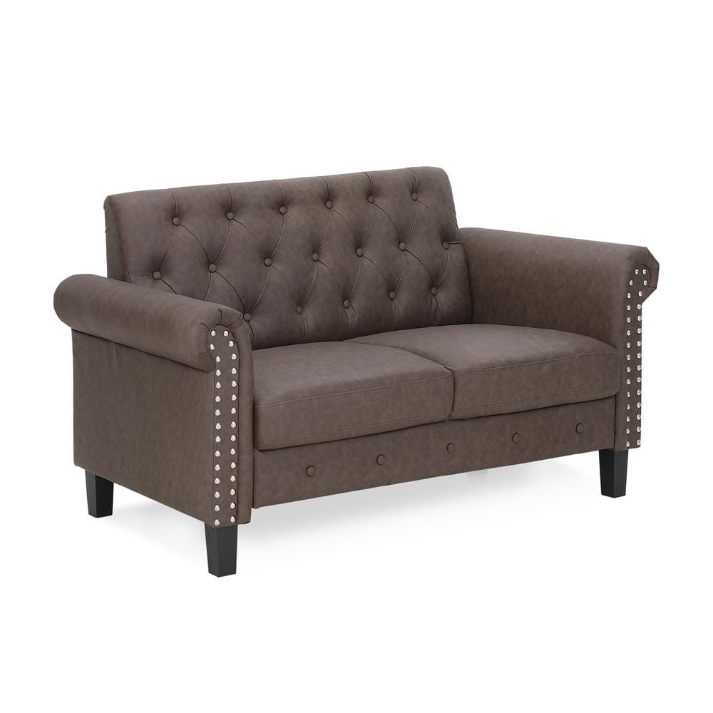 Bastia Brown Faux Leather Tufted Loveseat with Nailhead Trim