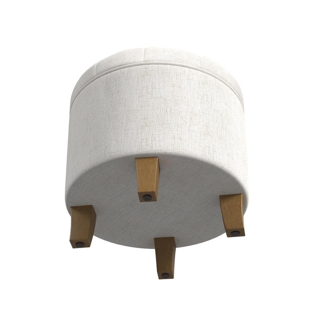 Cream Tufted Round Storage Ottoman with Wooden Legs