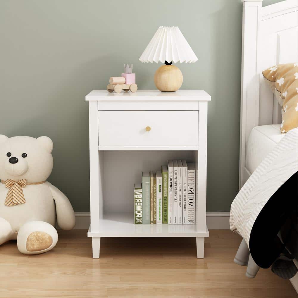 White 1-Drawer Wood Nightstand with Storage Cabinet(26.8 in. H)