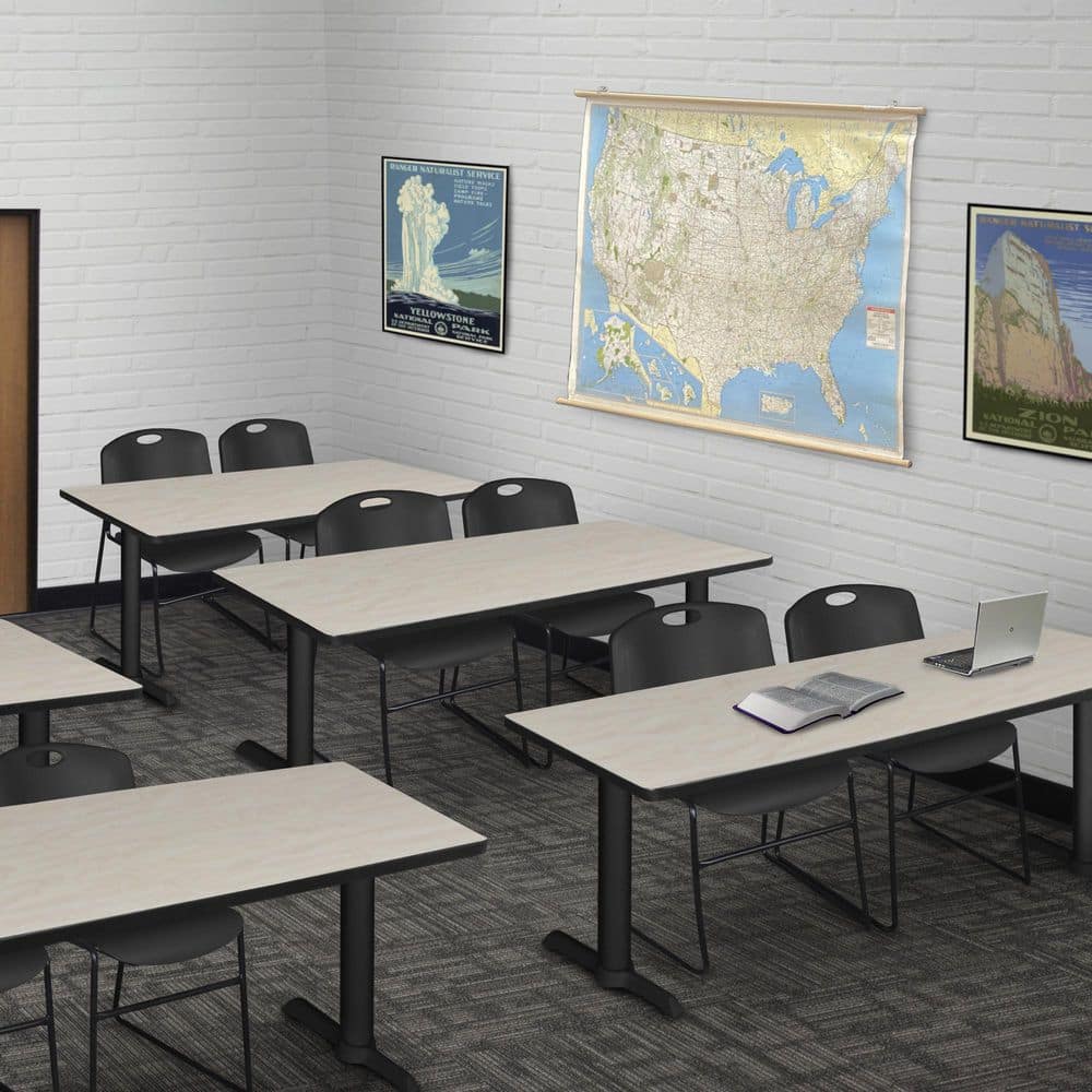 Cain 72 in x 24 in. Maple T-Base Training Seminar Table Desk and 2 Zeng Stack Chairs-Black