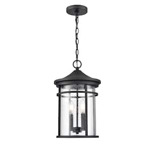Namath 17.5 in 2 Light Textured Black Dimmable Outdoor Hardwired Pendant Light with Clear Seeded Glass No Bulbs Included
