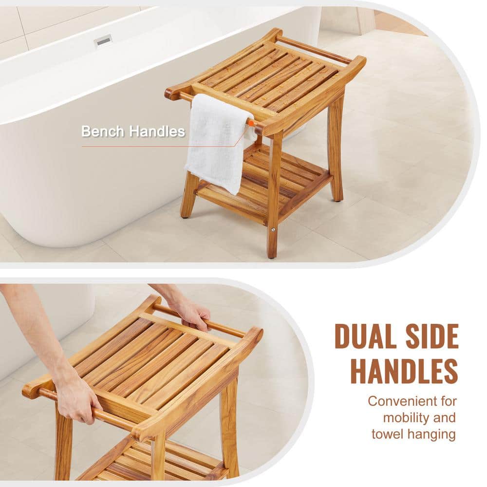 Teak Wood Shower Bench with Handles and Storage Shelf