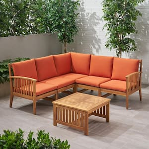 Carolina Brown Patina 6-Piece Wood Patio Conversation Sectional Seating Set with Rust Orange Cushions