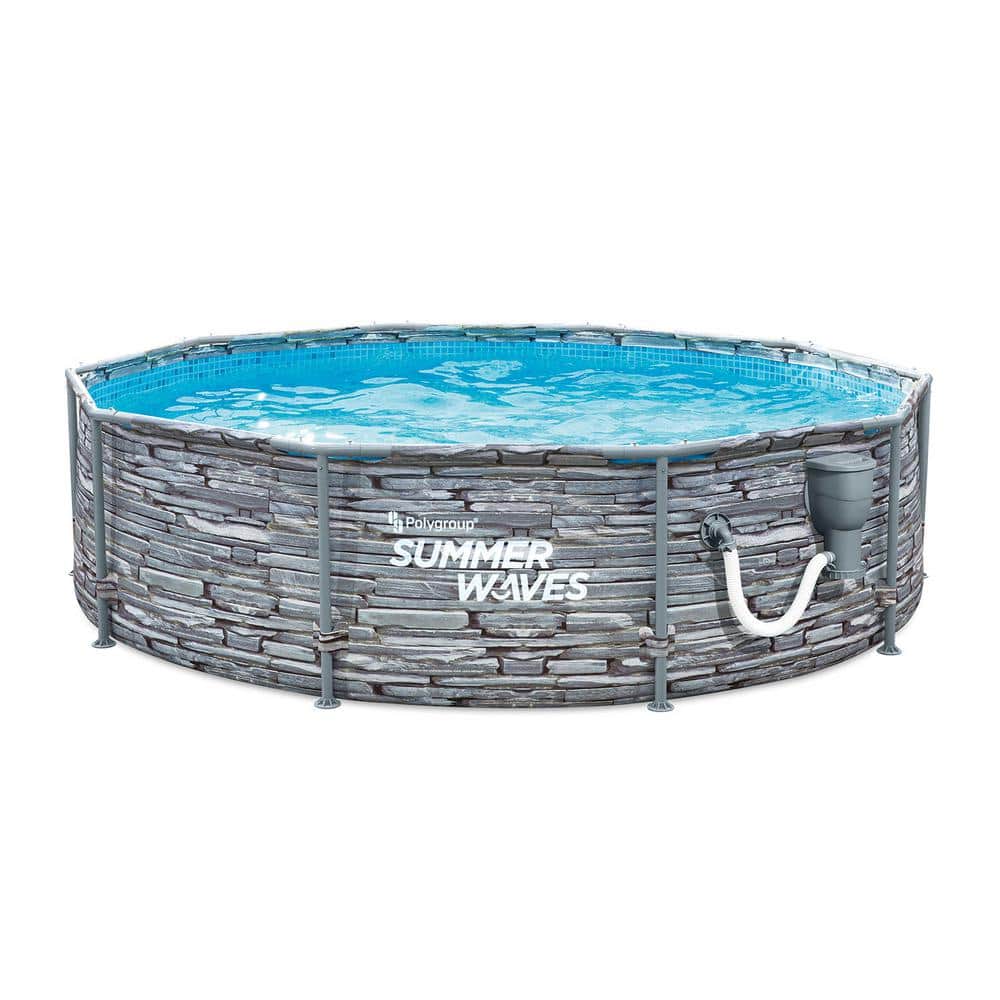 Summer Waves Active 12 ft. Round Stone Slate Print Metal Frame Above Ground Pool Set P2W01233A