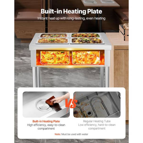 4-Pan Commercial Food Warmer-1500-Watt Electric Steam Table with 4 x 1/2 Pans and Under shelf in Stainless Steel