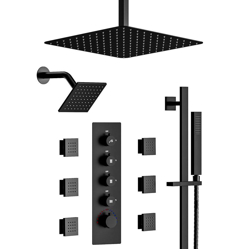 Thermostatic 5 Handles 15-Spray Shower Faucet Dual Shower Heads 2.5 GPM with Slide bar in Matte Black (Valve Included) price history on PriceWatchPro