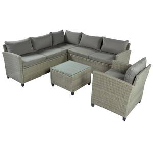 5-Piece Wicker Rattan Outdoor Patio Sectional Sofa Set with Grey Cushions