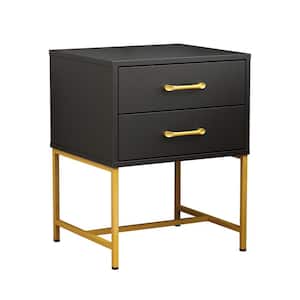17.7 in. W Black Square Wood Side Table Bedside Table Nightstand with 2-Drawer and Metal Legs