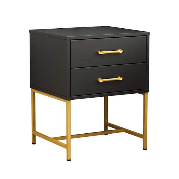 FUFU&GAGA 17.7 in. W Black Square Wood Side Table Bedside Table Nightstand with 2-Drawer and Metal Legs