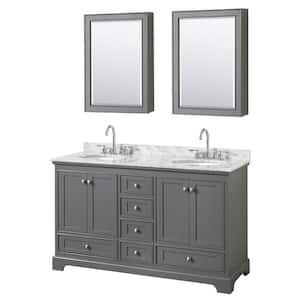 Deborah 60 in. Double Vanity in Dark Gray with Marble Vanity Top in White Carrara with White Basins and Med Cabinets