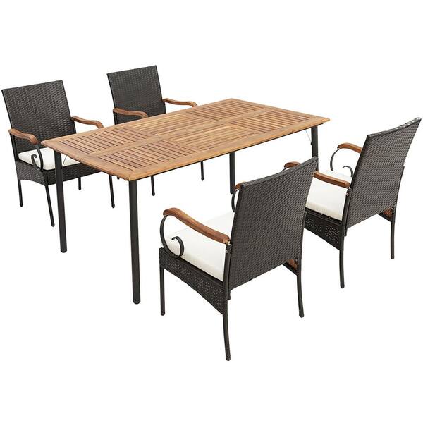 Costway 5-Pieces Wicker Outdoor Dining Set Armchairs Acacia Wood Table with Detachable Cushions and Umbrella Hole