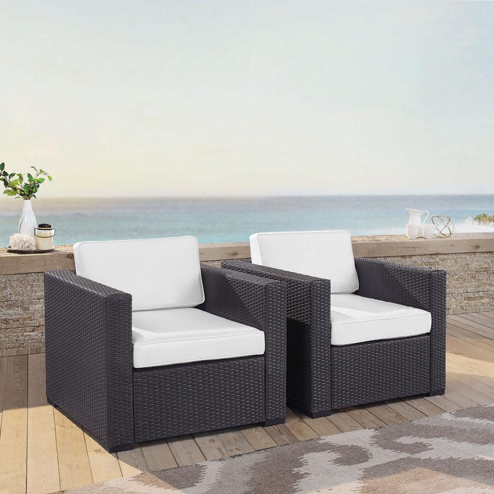 Biscayne White Cushioned Resin Wicker Patio Arm Chairs, Set of 2