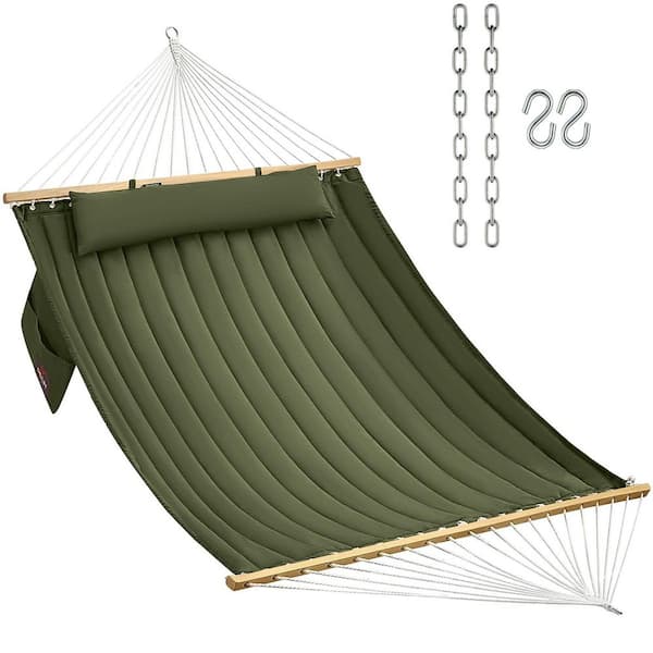 14 ft. Green Double Quilted Fabric Hammock Bed with Hardwood Spreader Bars and Pillow, 450 lb. Weight Capacity
