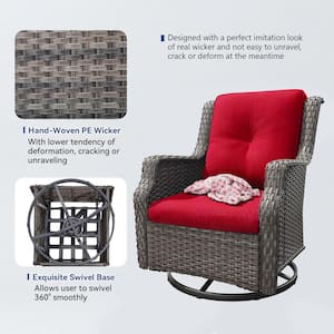 Wicker Patio Outdoor Lounge Chair Swivel Rocking Chair with Red Cushions (2-Pack)