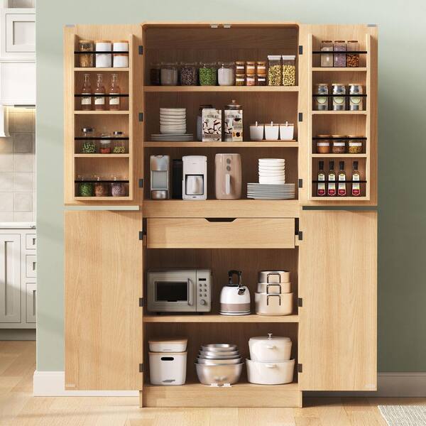 72" Tall Brown Kitchen Pantry Organizer Cabinet with 8 Door Shelves and 3 Adjustable Shelves