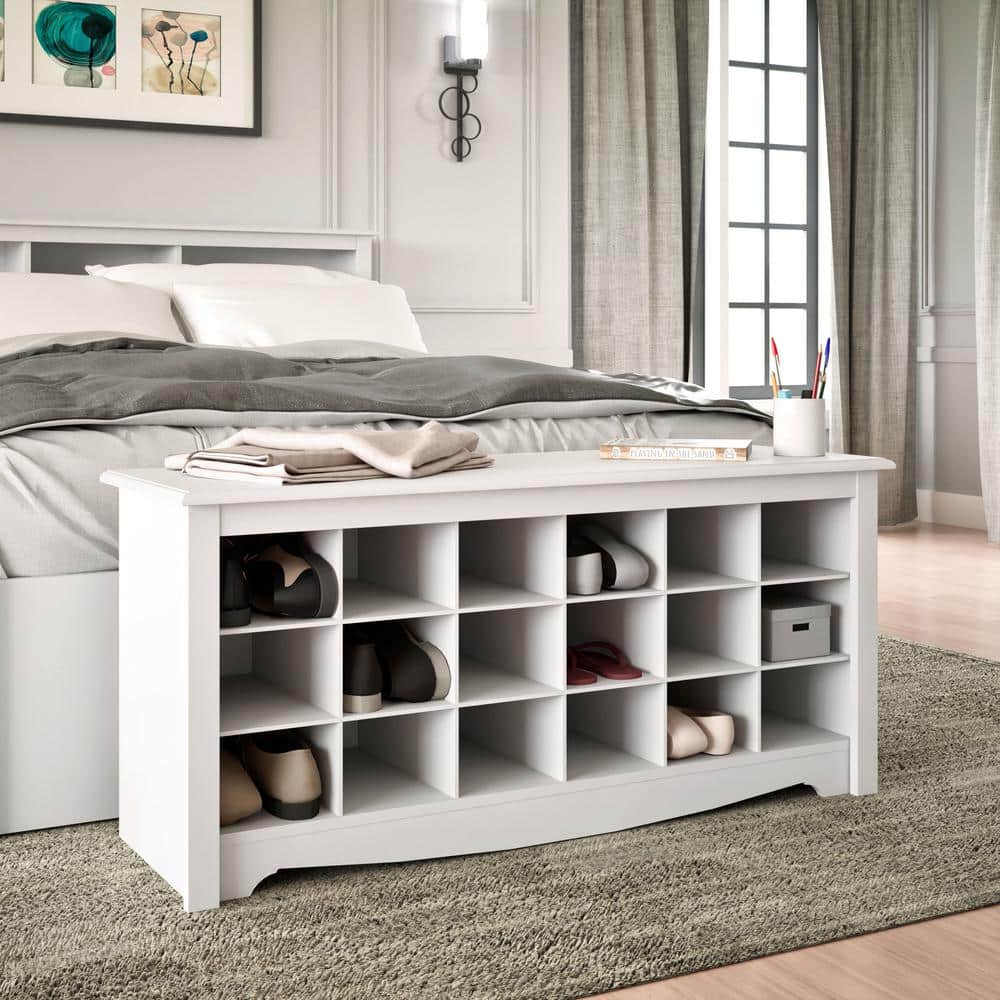 Versatile White Shoe Storage Bench with 18 Cubbies
