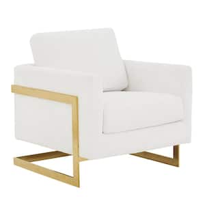 Lincoln Boucle Fabric Accent Armchair with Gold Stainless Steel Frame and Removable Back Cushion (White)