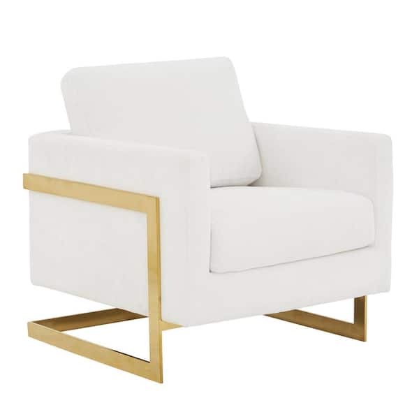 Leisuremod Lincoln Boucle Fabric Accent Armchair with Gold Stainless Steel Frame and Removable Back Cushion (White)