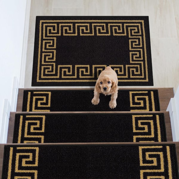 Carpet Mat Greek Key Design Slip Resistant, Black, 19.5 in. x 32 in.
