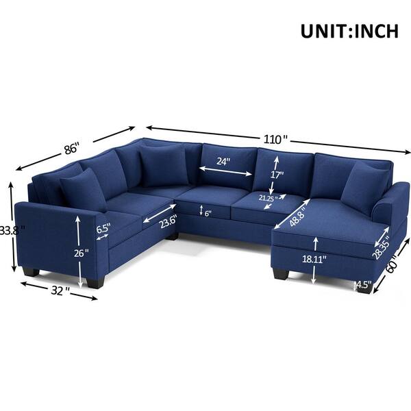 110 In W Square Arm 3 Piece Polyester U Shaped Modern Sectional Sofa Blue With High Density Foam Pillows Included Xb327 Sdt 2 U Shaped Modern Sectional Sofa, Is 32 Density Foam Good For Sofa