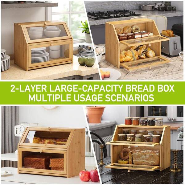 Lynzavix Double Layer Bamboo Bread Box Extra Large Capacity