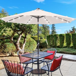 9 ft. Solar LED Market Patio Umbrellas with Solar Lights and Tilt Button in Beige