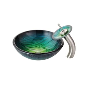 Nei Glass Vessel Sink in Green with Waterfall Faucet in Satin Nickel