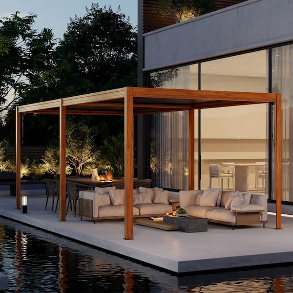 10 ft. x 20 ft. Aluminum Frame Louvered Pergola with Adjustable Roof, Efficient Drainage System in Wood Grain