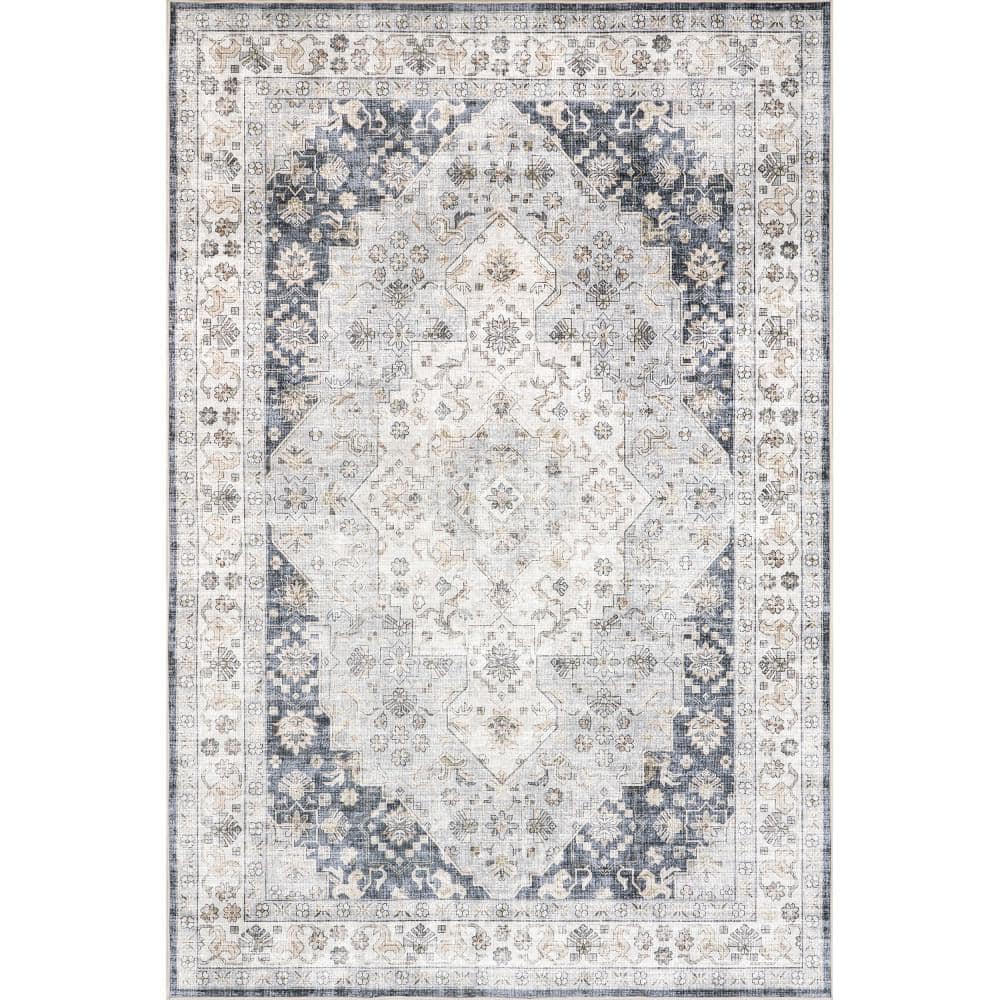 Casey Blue and Gray Synthetic Round Oriental Area Rug, 9' x 12'