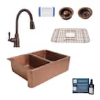 Rockwell Farmhouse Apron-Front Copper All-In-One 33 in. Double Bowl 50/50 Kitchen Sink with Pfister Faucet and Drains