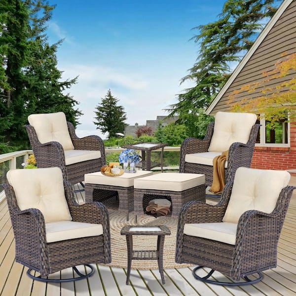 Brown 8-Piece Wicker Outdoor Patio Conversation Seating Sets Swivel Rocking Chairs with Ottoman and Beige Cushions