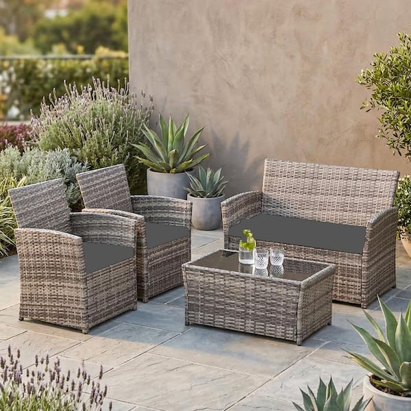 Versatile Gray 4-Piece Patio Furniture Set Outdoor Wicker Conversation with Gray Cushions and Table for Apt, Porch, Yard