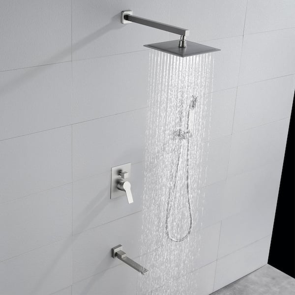 Miscool Rainfall 1-Handle 1-Spray 10 in. Square High Pressure Shower Faucet in Brushed Nickel (Valve Included)