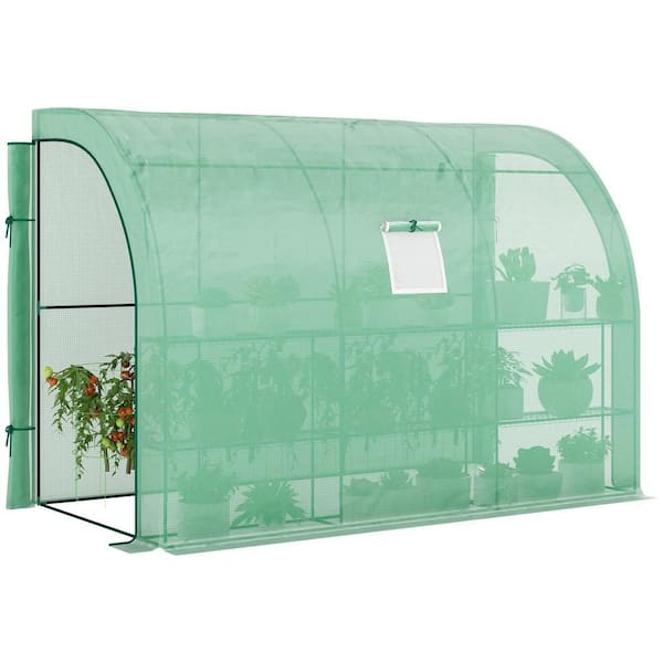 10 ft. x 5 ft. x 7 ft. PE Green Walk-in Lean-to Greenhouse with Shelves, Dual Doors and Windows