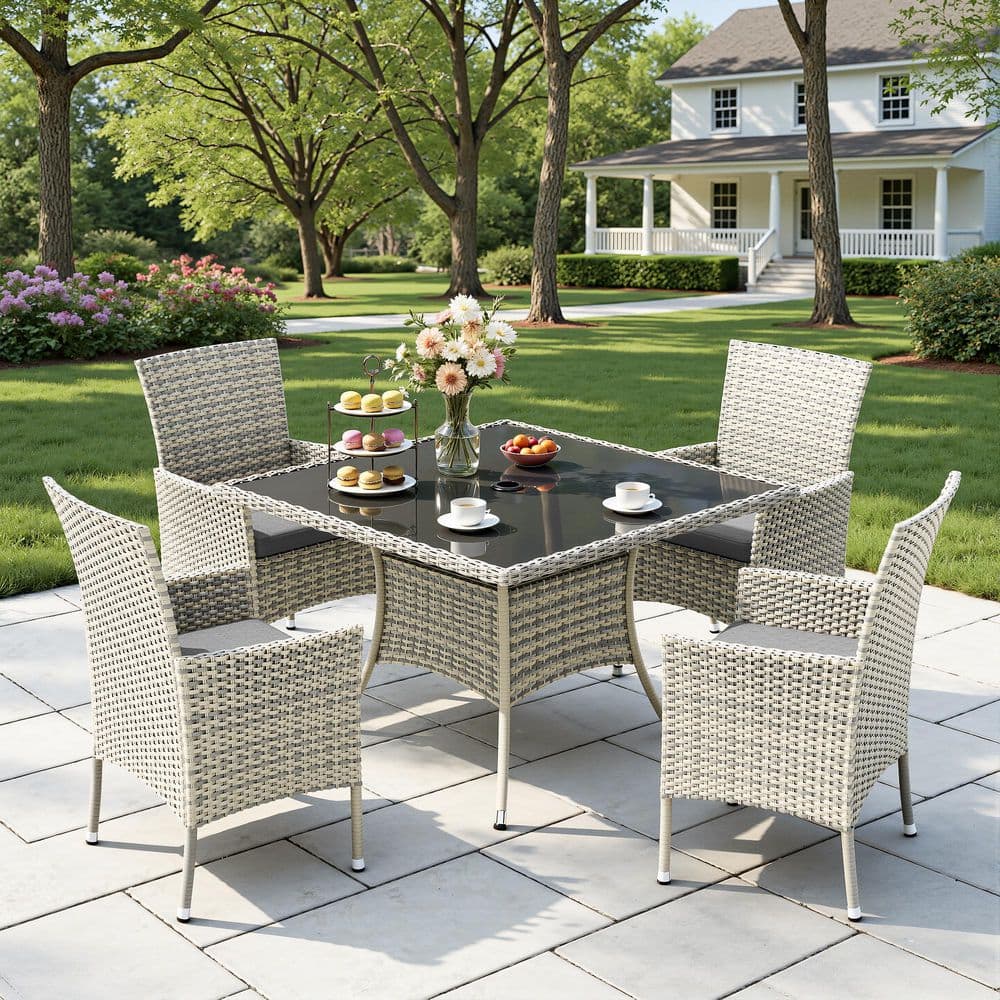 5-Piece Gray Wicker Outdoor Dining Set with Light Gray Cushions price history on PriceWatchPro