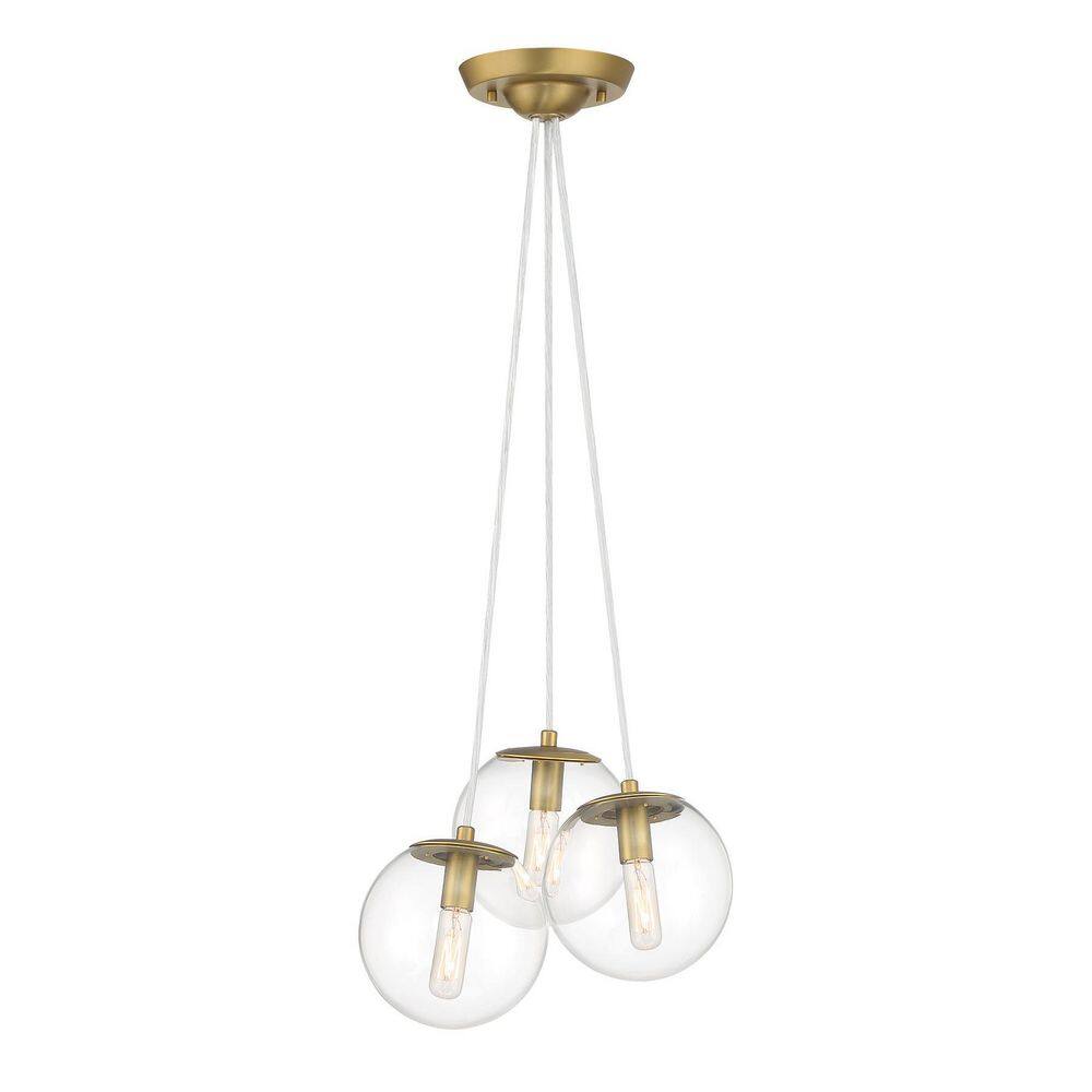Soft Brass and Clear Glass 3-Light Globe Pendant
