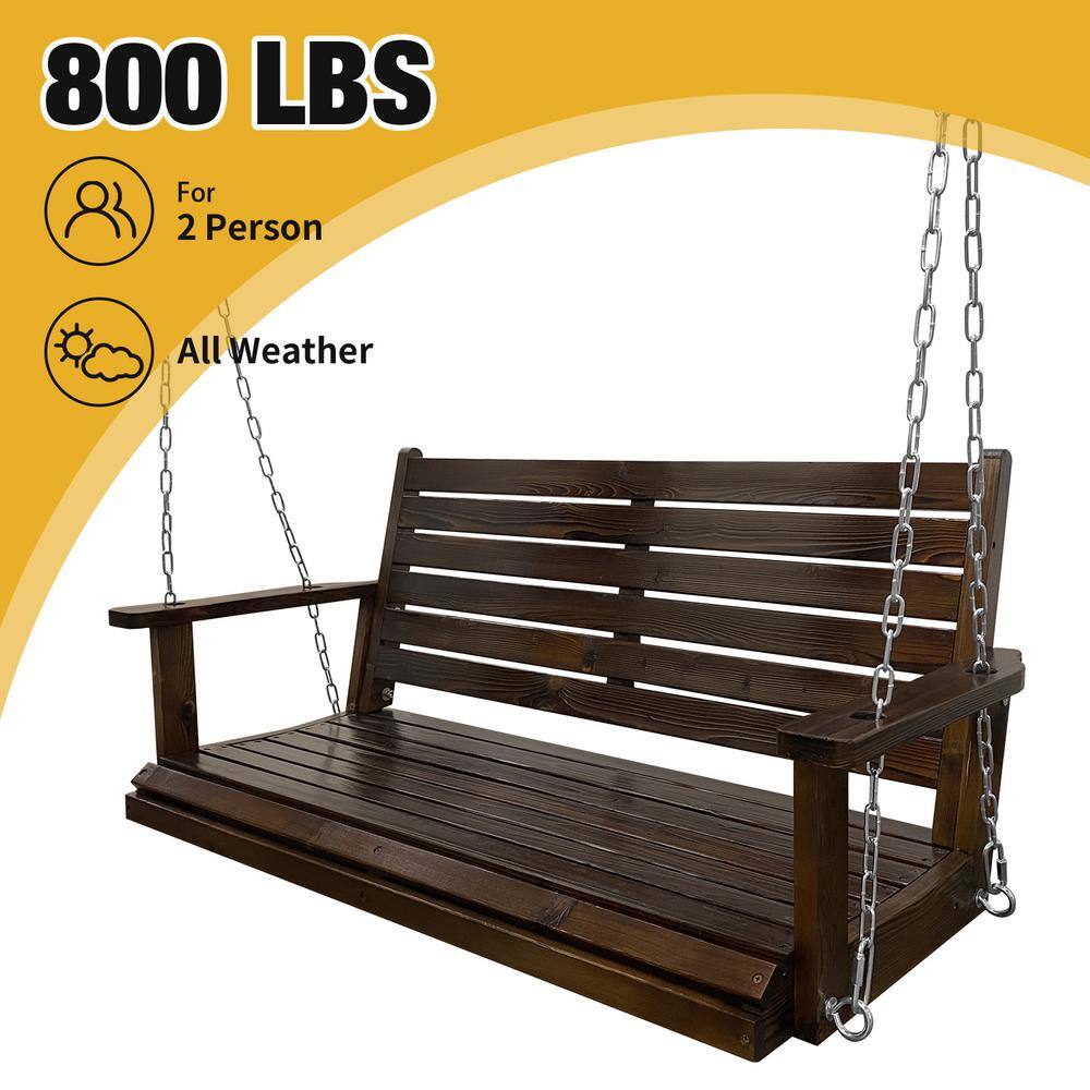 Deep Brown Wooden Porch Swing with Ergonomic Seat and Hanging Chains