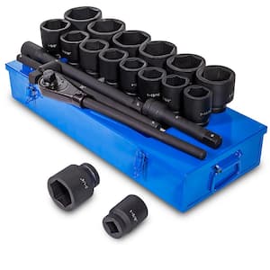 Jumbo 1 in. Drive Cr-Mo Steel 6-Point SAE Deep Impact Socket Set with Extension Bars and Carrying Case (21-Piece)