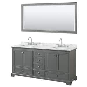 Deborah 72 in. Double Vanity in Dark Gray with Marble Vanity Top in White Carrara with White Basins and 70 in. Mirror