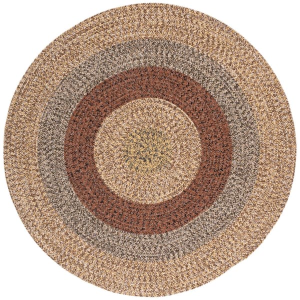 Braided Brown/Gold 5 ft. x 5 ft. Machine Washable Solid Striped Border Round Area Rug