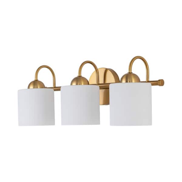 Lucie 21 in. 3-Light Brass Cylinder Vanity Light with Milky White Frosted Glass Shades for Bathroom, Bedroom, Hallway