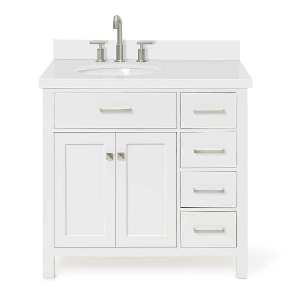 Bristol 36 in. W x 22 in. D x 36 in. H Freestanding Bath Vanity in White with Pure White Quartz Top