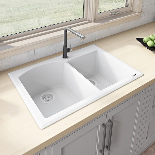 epiGranite 33 in. Drop-in Topmount Double Bowl Kitchen Sink in Arctic White Granite Composite