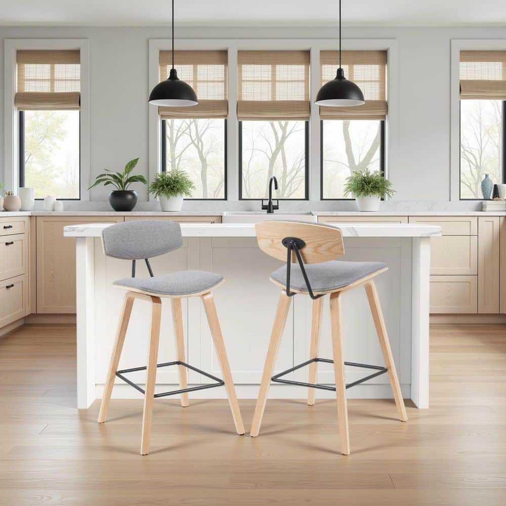 Fox 36 in. H Grey / Oak Curved Back Wood Bar Stool with Polyester Fabric Seat Set of 2 price history on PriceWatchPro