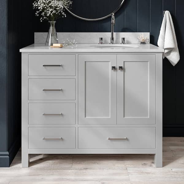Cambridge 43 in. W x 22 in. D x 35 in. H Vanity in White with Quartz Vanity Top in White with Basin Cambridge 43 in. W x 22 in. D x 35 in. H Vanity in White with Quartz Vanity Top in White with Basin