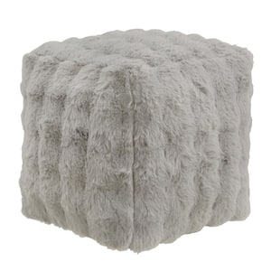 Grey Square Furry Fabric Upholstered Square Pouf Ottoman