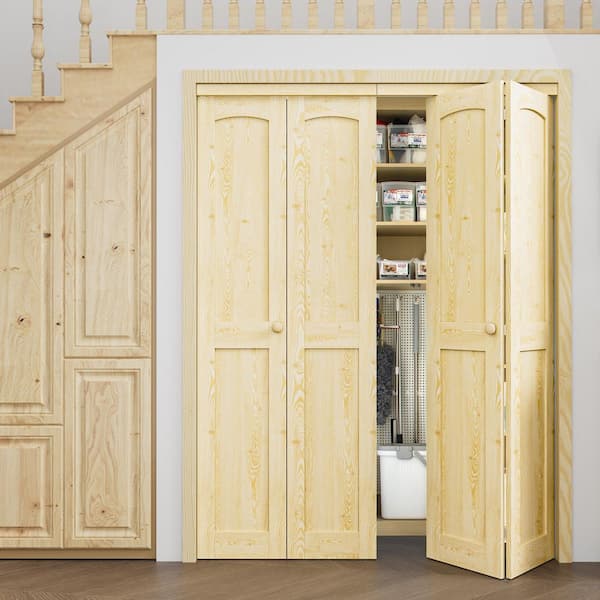 60 in. x 80 in. Arch Panel 2-Lite Solid Core Unfinished Pine Wood Interior Closet Bi-Fold Door with Hardware