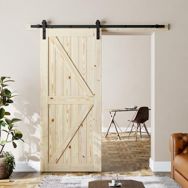 K Model 36 in. x 80 in. Natural Unfinished Solid Wood Assembly Required Interior Sliding Barn Door with Hardware Kit